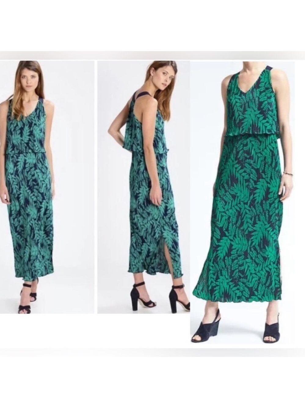 Banana Republic green navy blue Fern Print Layered Pleat Maxi Dress Sz M NWOT